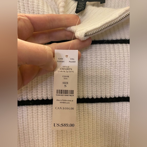 WHBM white stripe puff side-neck zip sweater - Picture 4 of 4